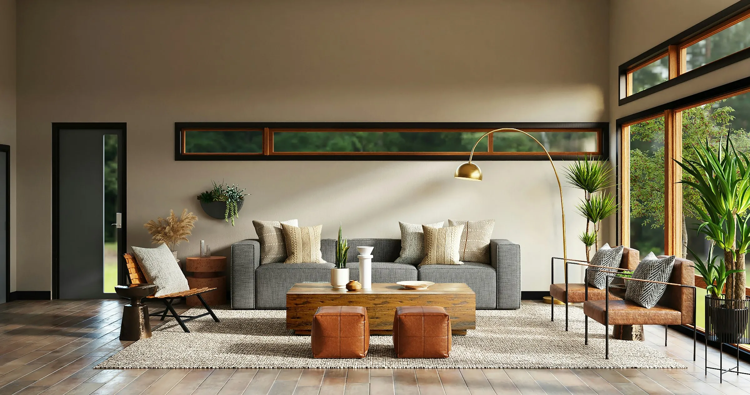 Salon chaleureux fraîchement rénové avec canapé gris, coussins et poufs en cuir