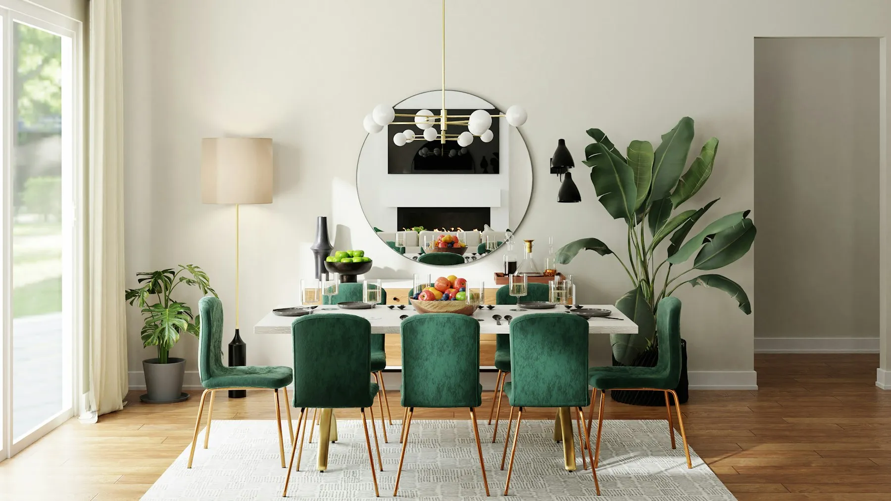 Salle à manger avec chaises en velours vert, table en bois et cheminée blanche
